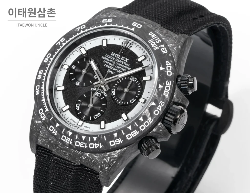 롤렉스 데이토나 크로노그래프 오토매틱 40mm 블랙 다이얼 블랙 나일론 스트랩 그레이 베젤 카본 케이스 (2)