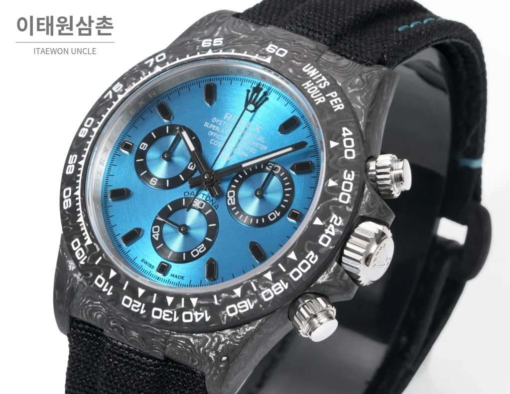 롤렉스 데이토나 크로노그래프 오토매틱 40mm 아이스블루 다이얼 블랙 나일론 스트랩 그레이 베젤 카본 케이스 (2)