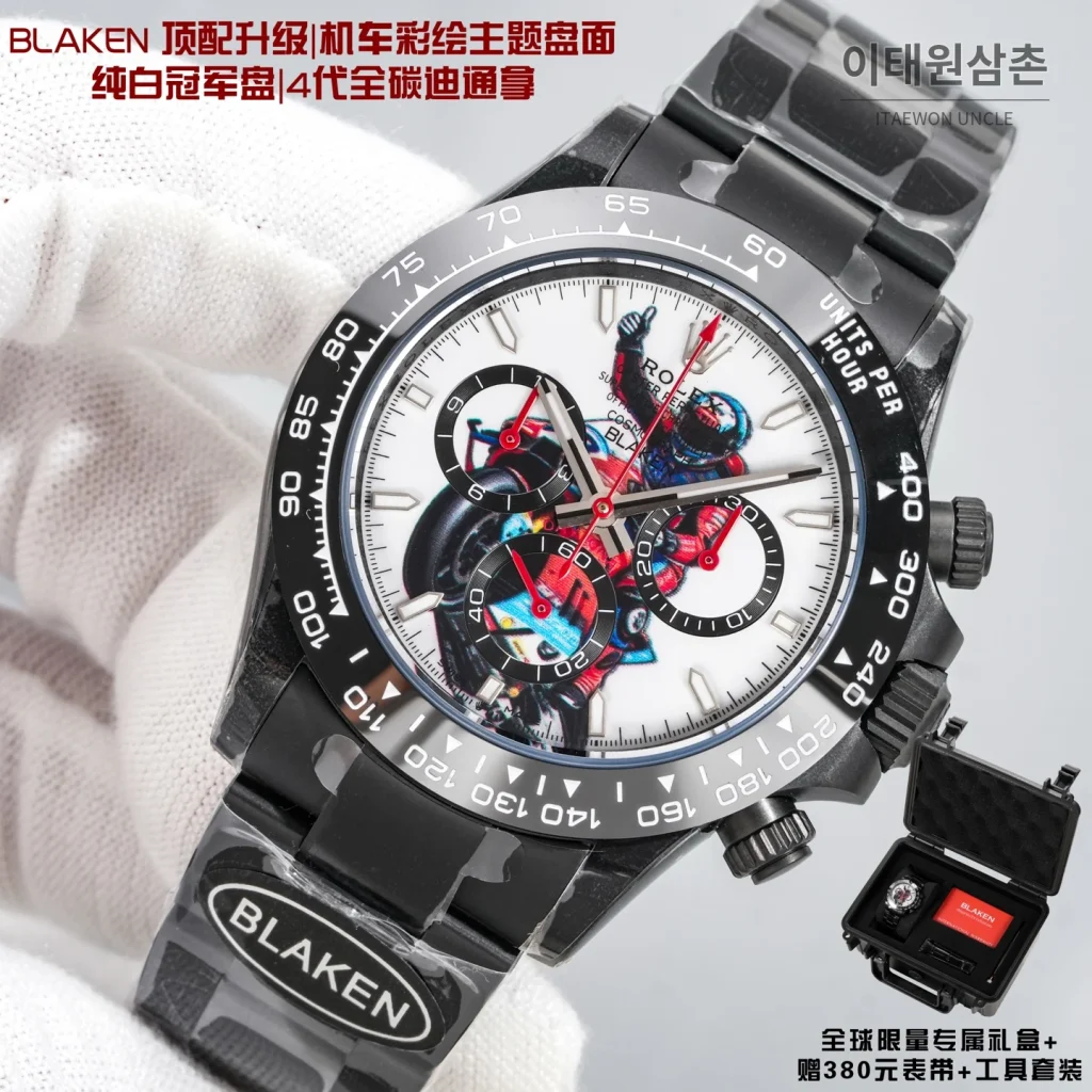 롤렉스 데이토나 크로노그래프 오토매틱 40mm 화이트 다이얼 세라믹 브레이슬릿 그레이 베젤 카본 케이스