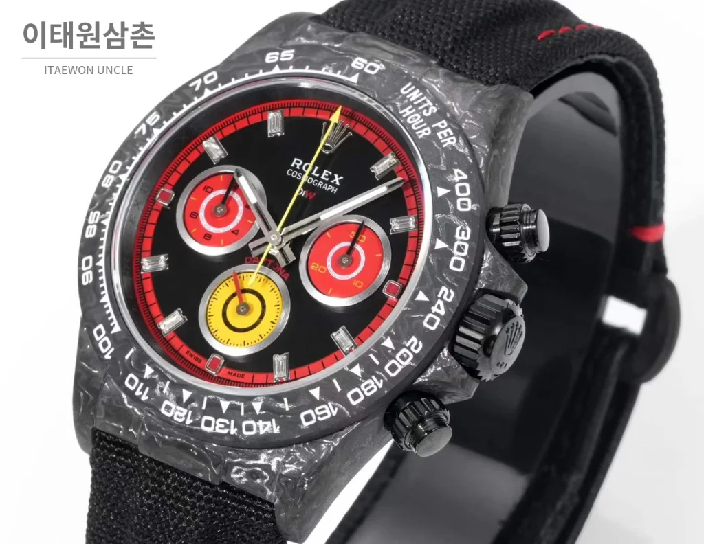 롤렉스 데이토나 크로노그래프 오토매틱 40mm 블랙 다이얼 블랙 나일론 스트랩 블랙 베젤 카본 케이스