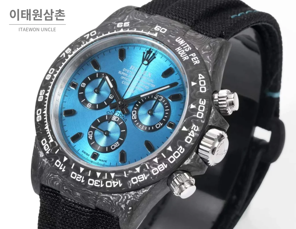 롤렉스 데이토나 크로노그래프 오토매틱 40mm 아이스블루 다이얼 블랙 나일론 스트랩 그레이 베젤 카본 케이스