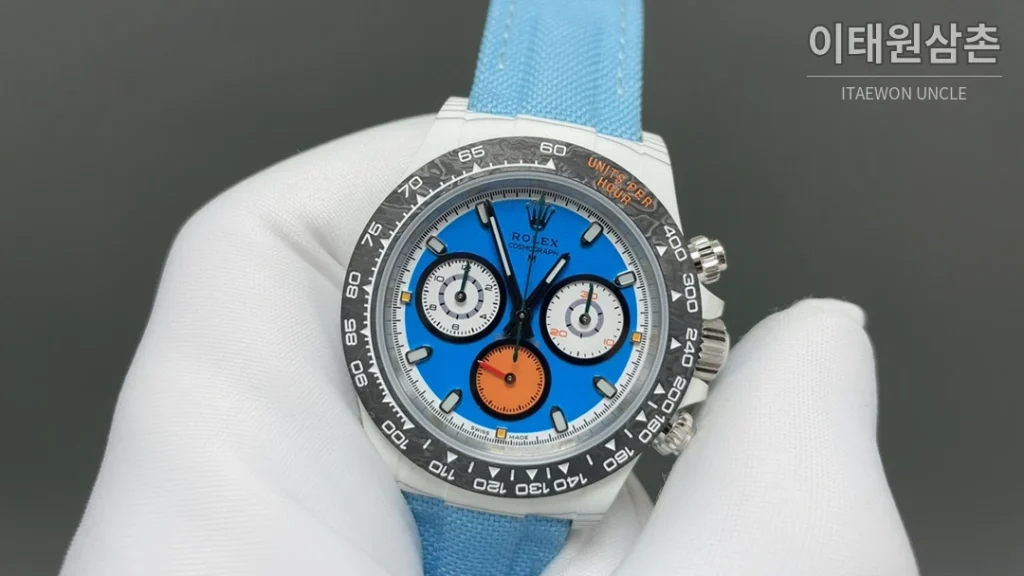 롤렉스 데이토나 크로노그래프 오토매틱 40mm 블루 다이얼 아이스블루 나일론 스트랩 그레이 베젤