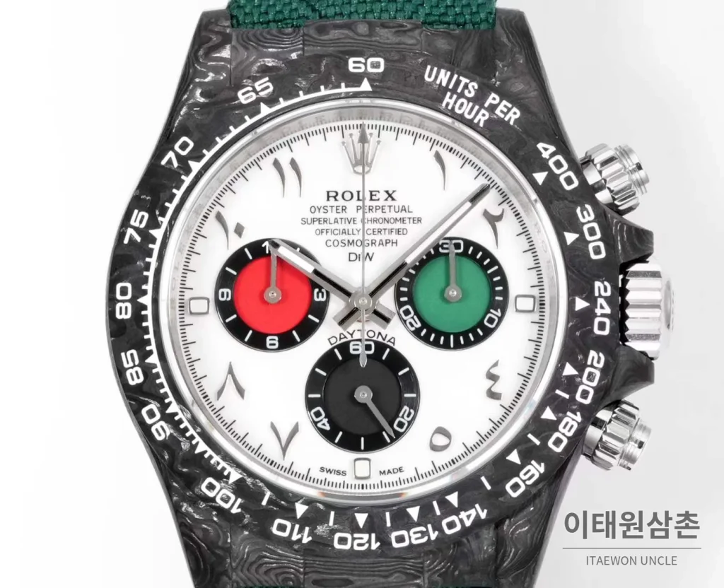 롤렉스 데이토나 크로노그래프 오토매틱 40mm 화이트 다이얼 그린 나일론 스트랩 블랙 베젤 카본 케이스