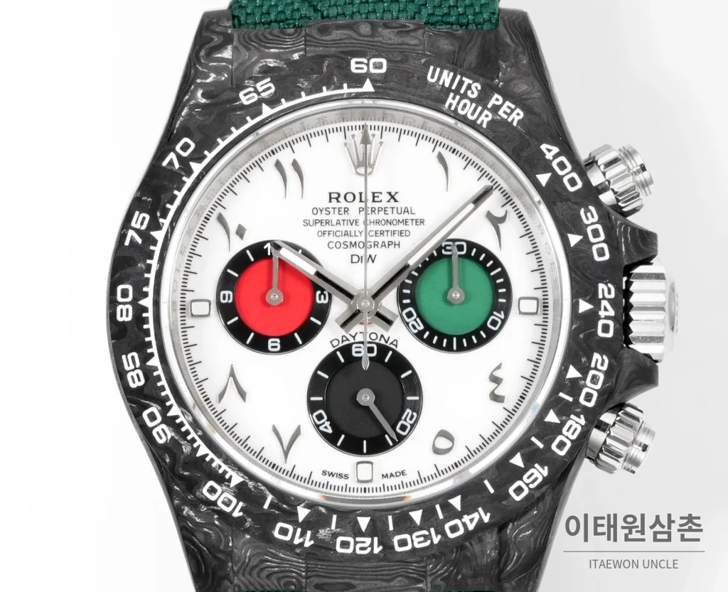 롤렉스 데이토나 크로노그래프 오토매틱 40mm 화이트 다이얼 그린 나일론 스트랩 블랙 베젤 카본 케이스 (2)
