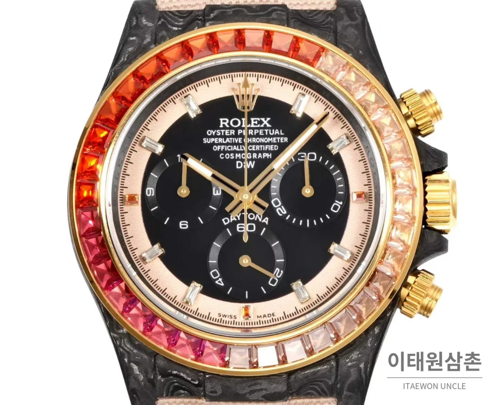 롤렉스 데이토나 크로노그래프 오토매틱 40mm 블랙 다이얼 샴페인 나일론 스트랩 멀티컬러 베젤 카본 케이스