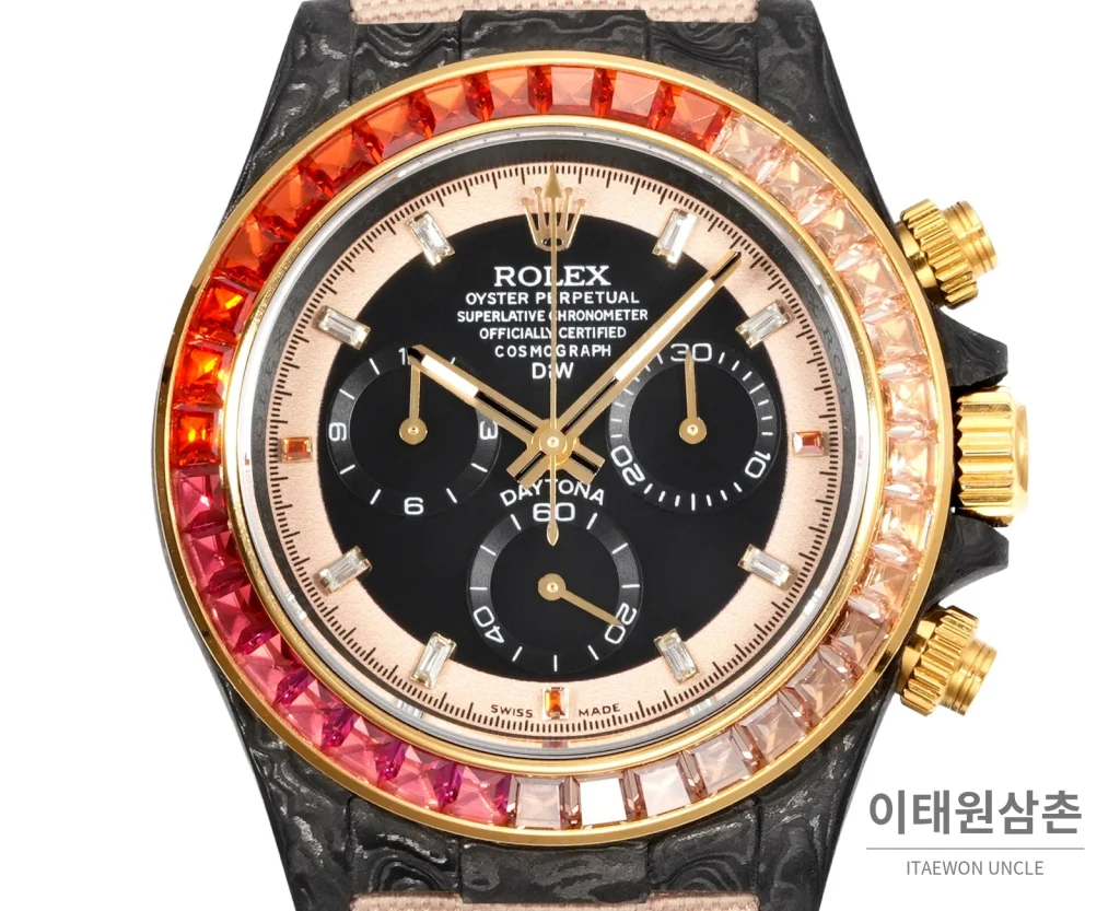 롤렉스 데이토나 크로노그래프 오토매틱 40mm 블랙 다이얼 샴페인 나일론 스트랩 멀티컬러 베젤