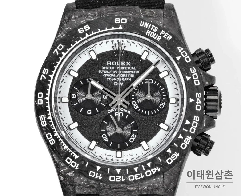 롤렉스 데이토나 크로노그래프 오토매틱 40mm 블랙 다이얼 블랙 나일론 스트랩 그레이 베젤 카본 케이스 (2)