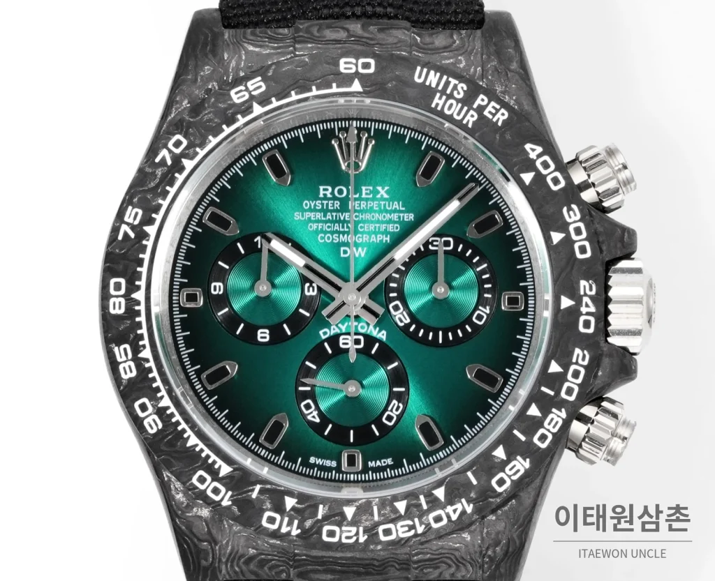 롤렉스 데이토나 크로노그래프 오토매틱 40mm 그린 다이얼 블랙 나일론 스트랩 블랙 베젤 카본 케이스 (2)