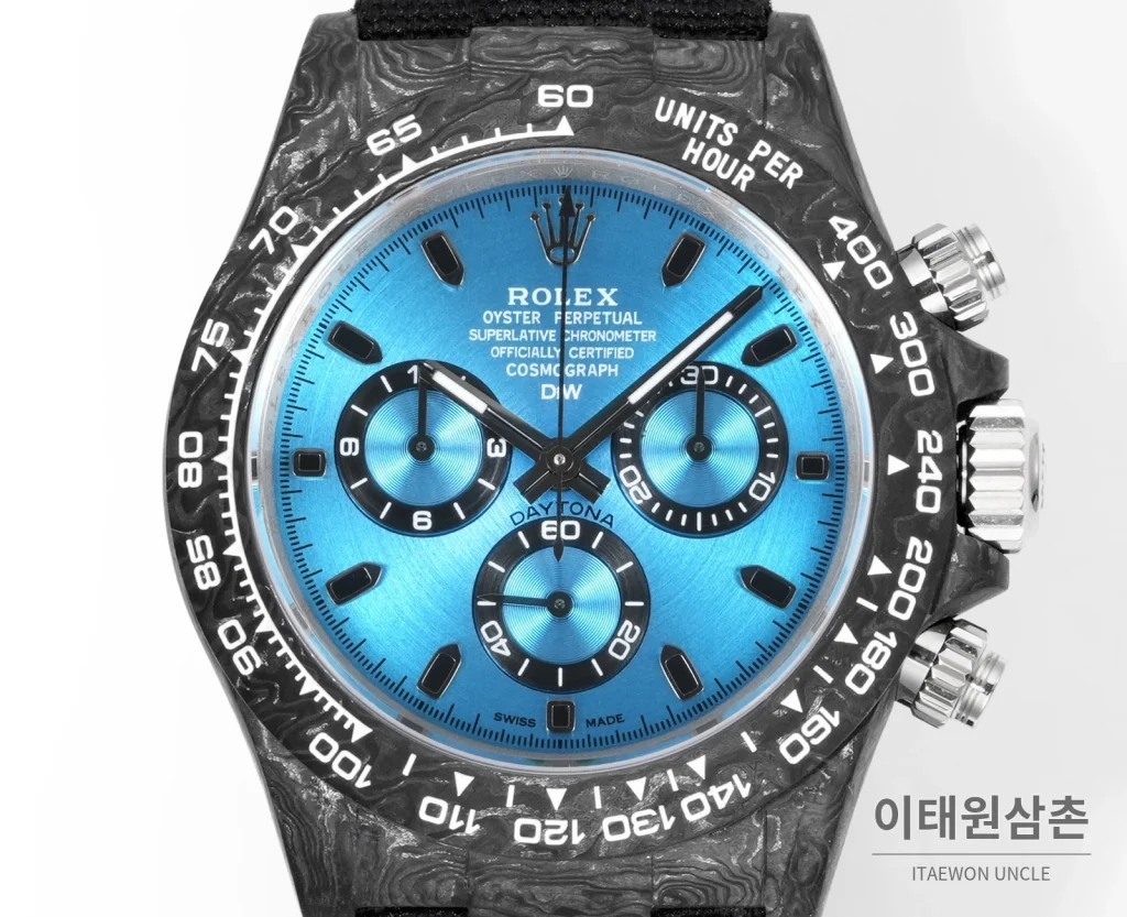 롤렉스 데이토나 크로노그래프 오토매틱 40mm 아이스블루 다이얼 블랙 나일론 스트랩 그레이 베젤 카본 케이스 (2)