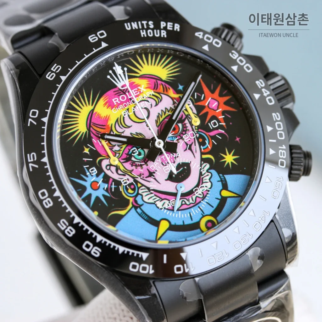 롤렉스 데이토나 크로노그래프 오토매틱 40mm 멀티컬러 다이얼 블랙 러버 스트랩 블랙 베젤