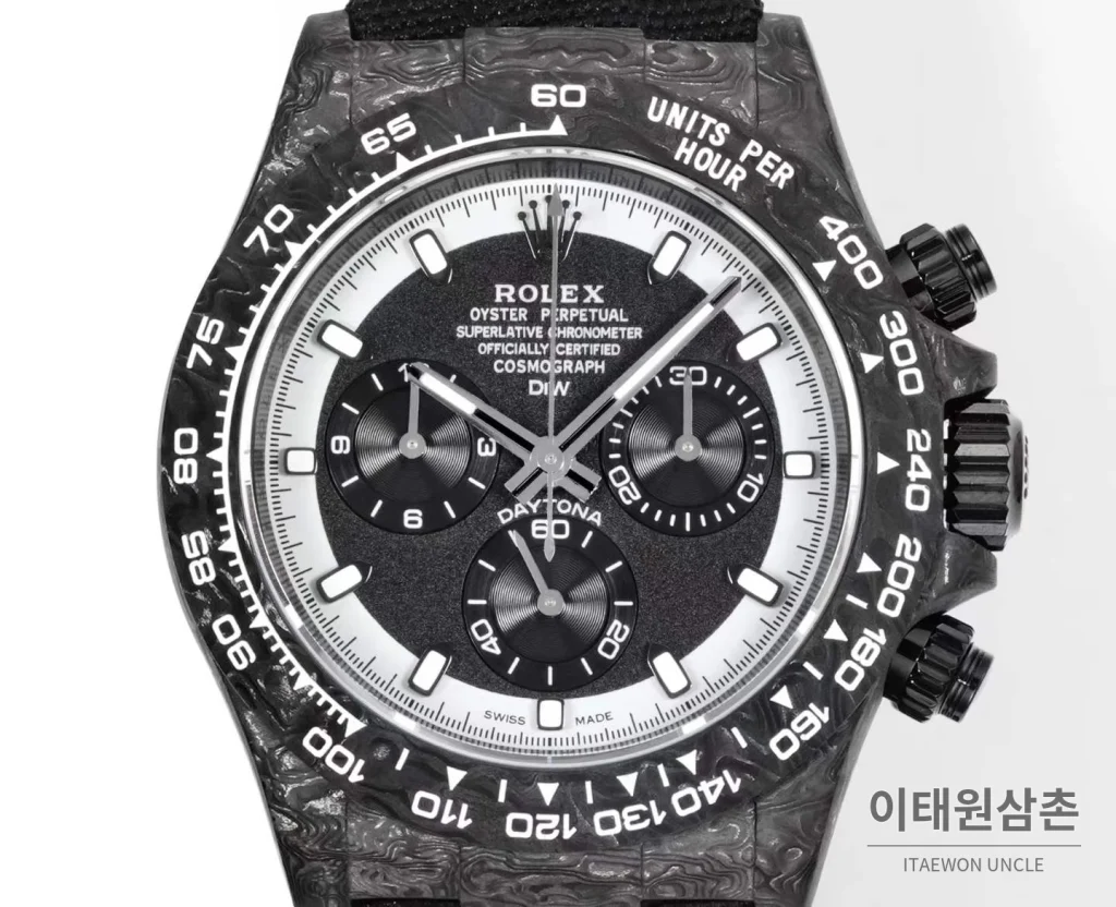롤렉스 데이토나 크로노그래프 오토매틱 40mm 블랙 다이얼 블랙 나일론 스트랩 그레이 베젤 카본 케이스