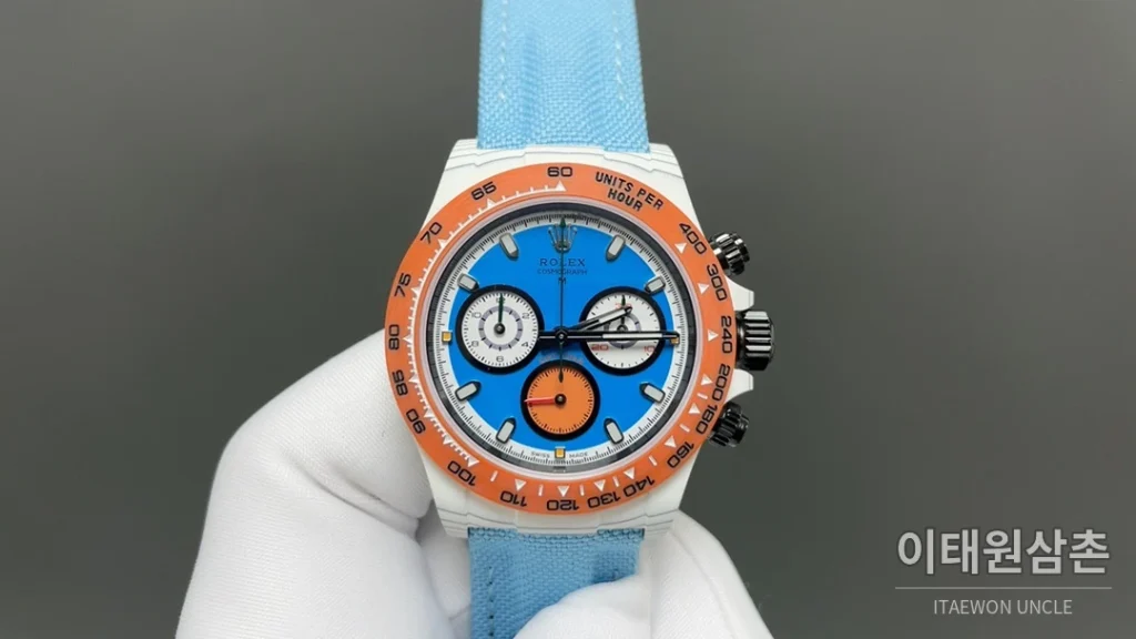 롤렉스 데이토나 크로노그래프 오토매틱 40mm 블루 다이얼 아이스블루 나일론 스트랩 그레이 베젤