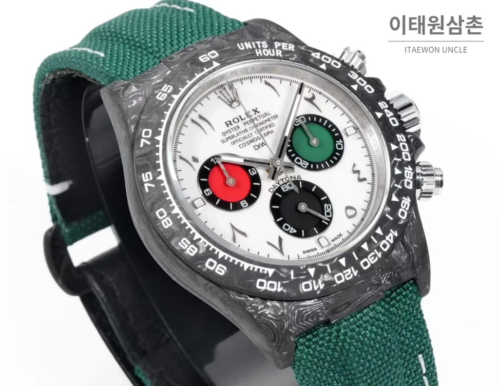롤렉스 데이토나 크로노그래프 오토매틱 40mm 화이트 다이얼 그린 나일론 스트랩 블랙 베젤 카본 케이스