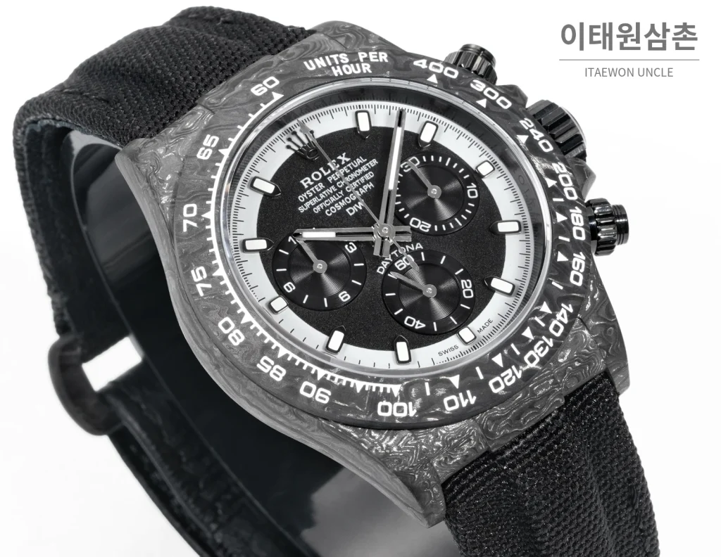 롤렉스 데이토나 크로노그래프 오토매틱 40mm 블랙 다이얼 블랙 나일론 스트랩 그레이 베젤 카본 케이스 (2)