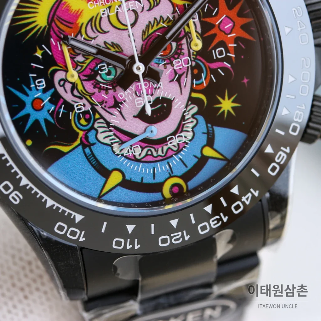 롤렉스 데이토나 크로노그래프 오토매틱 40mm 멀티컬러 다이얼 블랙 러버 스트랩 블랙 베젤