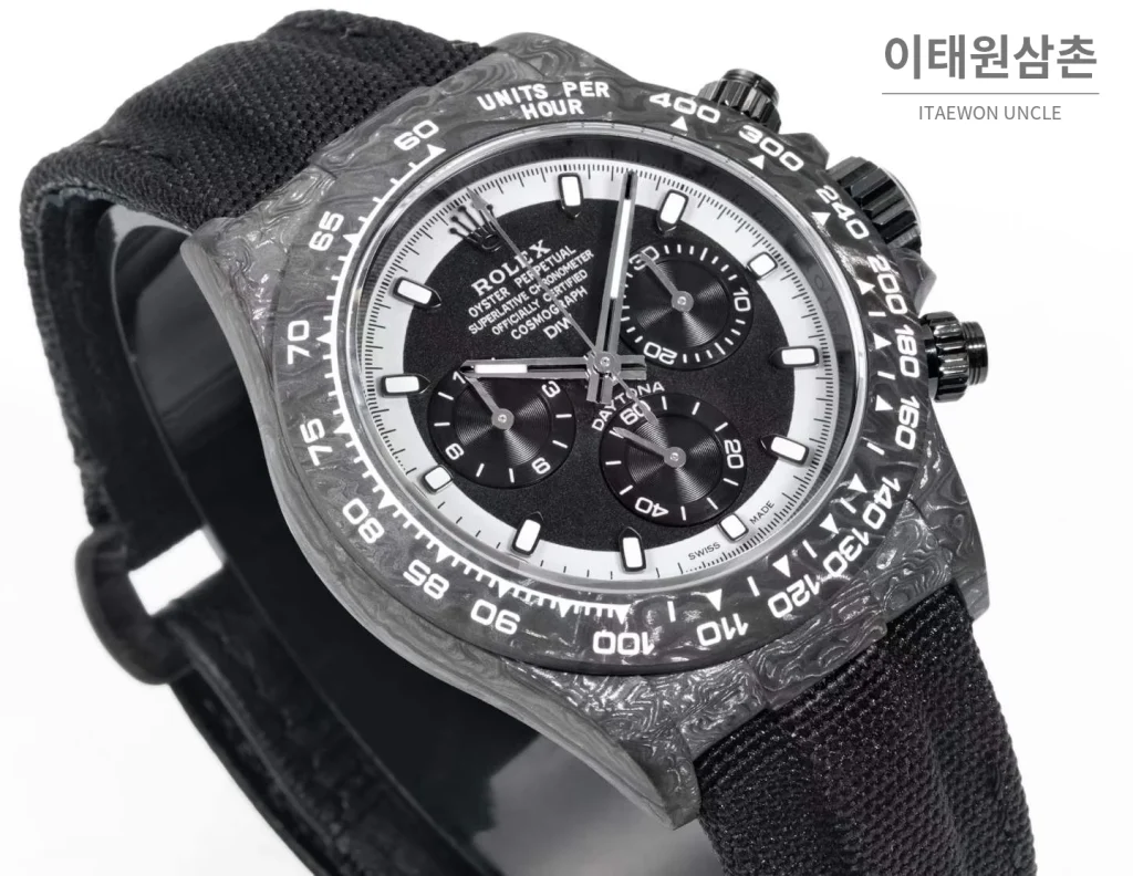 롤렉스 데이토나 크로노그래프 오토매틱 40mm 블랙 다이얼 블랙 나일론 스트랩 그레이 베젤 카본 케이스
