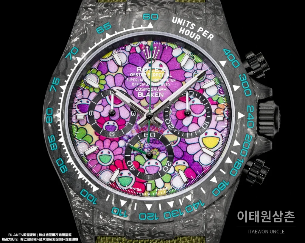 롤렉스 데이토나 크로노그래프 오토매틱 40mm 멀티컬러 다이얼 그린 나일론 스트랩 그레이 베젤 카본 케이스