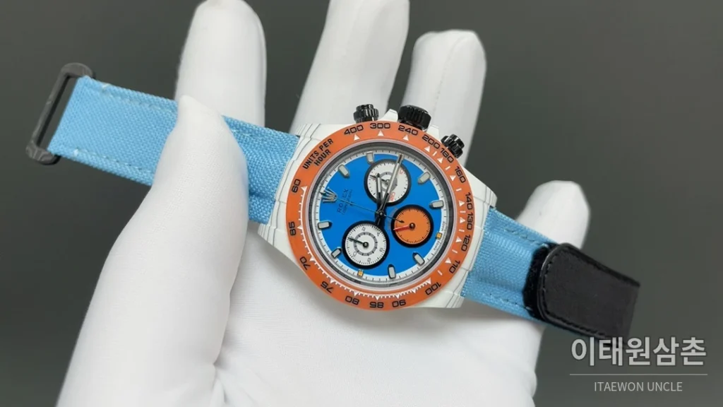 롤렉스 데이토나 크로노그래프 오토매틱 40mm 블루 다이얼 아이스블루 나일론 스트랩 그레이 베젤