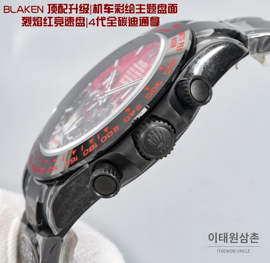 롤렉스 데이토나 크로노그래프 오토매틱 40mm 레드 다이얼 세라믹 브레이슬릿 블랙 베젤 카본 케이스