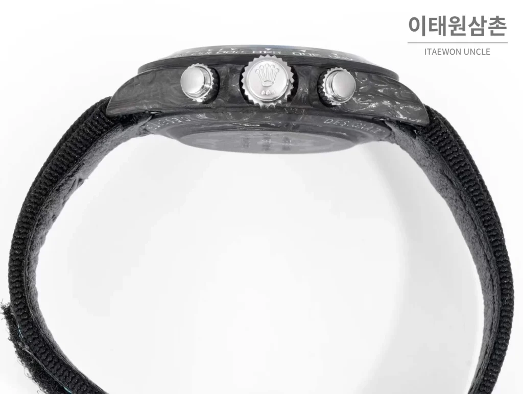 롤렉스 데이토나 크로노그래프 오토매틱 40mm 아이스블루 다이얼 블랙 나일론 스트랩 그레이 베젤 카본 케이스