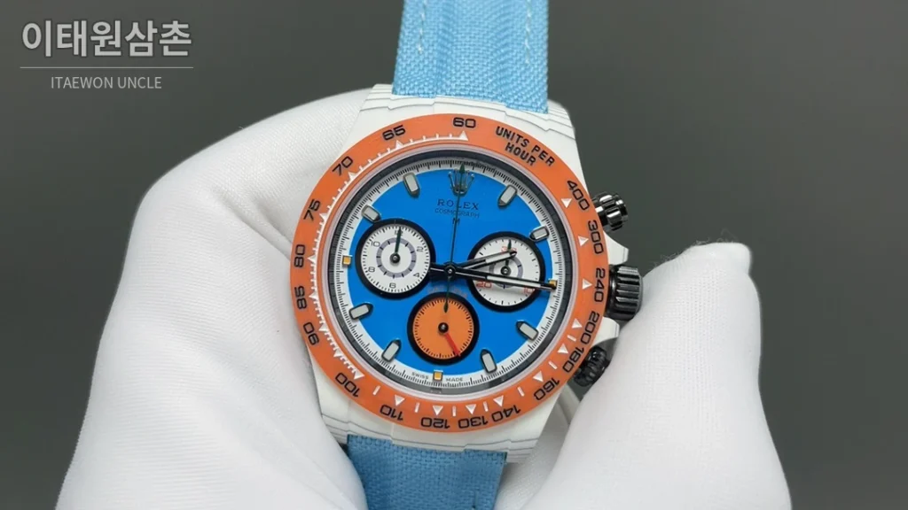 롤렉스 데이토나 크로노그래프 오토매틱 40mm 블루 다이얼 아이스블루 나일론 스트랩 그레이 베젤