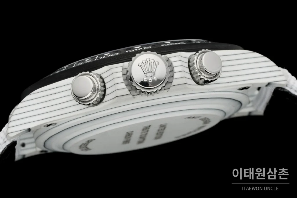 롤렉스 데이토나 크로노그래프 오토매틱 40mm 화이트 다이얼 화이트 나일론 스트랩 블랙 베젤 카본 케이스 (4)