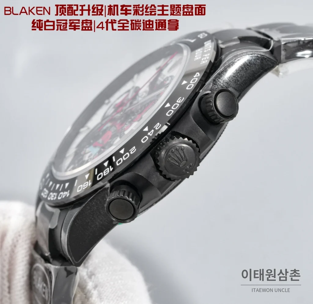 롤렉스 데이토나 크로노그래프 오토매틱 40mm 화이트 다이얼 세라믹 브레이슬릿 그레이 베젤 카본 케이스