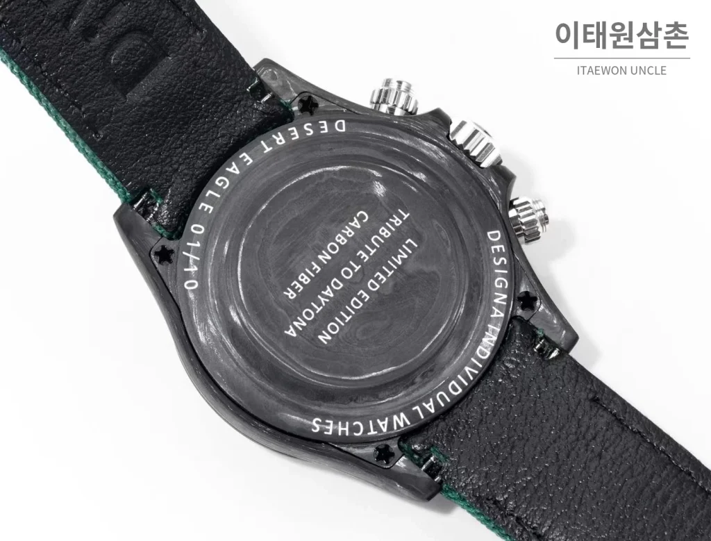 롤렉스 데이토나 크로노그래프 오토매틱 40mm 화이트 다이얼 그린 나일론 스트랩 블랙 베젤 카본 케이스
