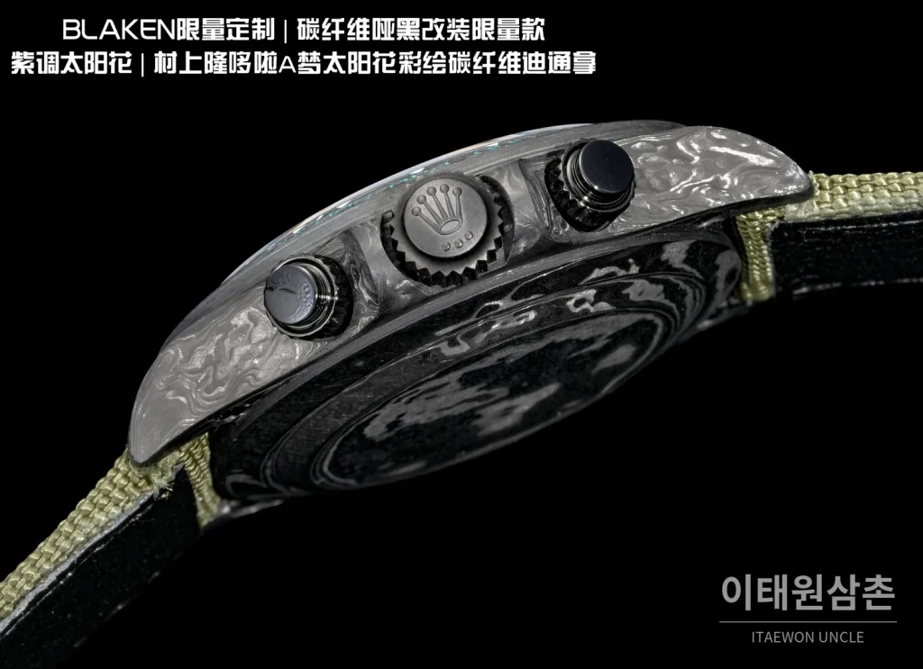 롤렉스 데이토나 크로노그래프 오토매틱 40mm 멀티컬러 다이얼 그린 나일론 스트랩 그레이 베젤 카본 케이스