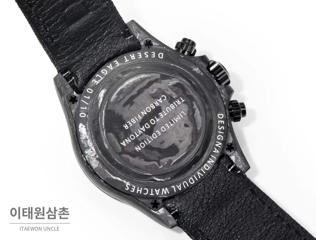 롤렉스 데이토나 크로노그래프 오토매틱 40mm 블랙 다이얼 블랙 나일론 스트랩 그레이 베젤 카본 케이스