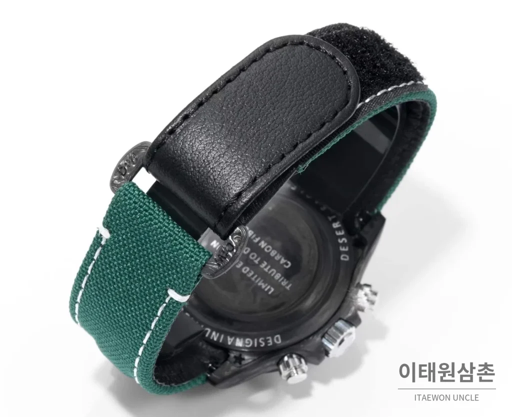 롤렉스 데이토나 크로노그래프 오토매틱 40mm 화이트 다이얼 그린 나일론 스트랩 블랙 베젤 카본 케이스