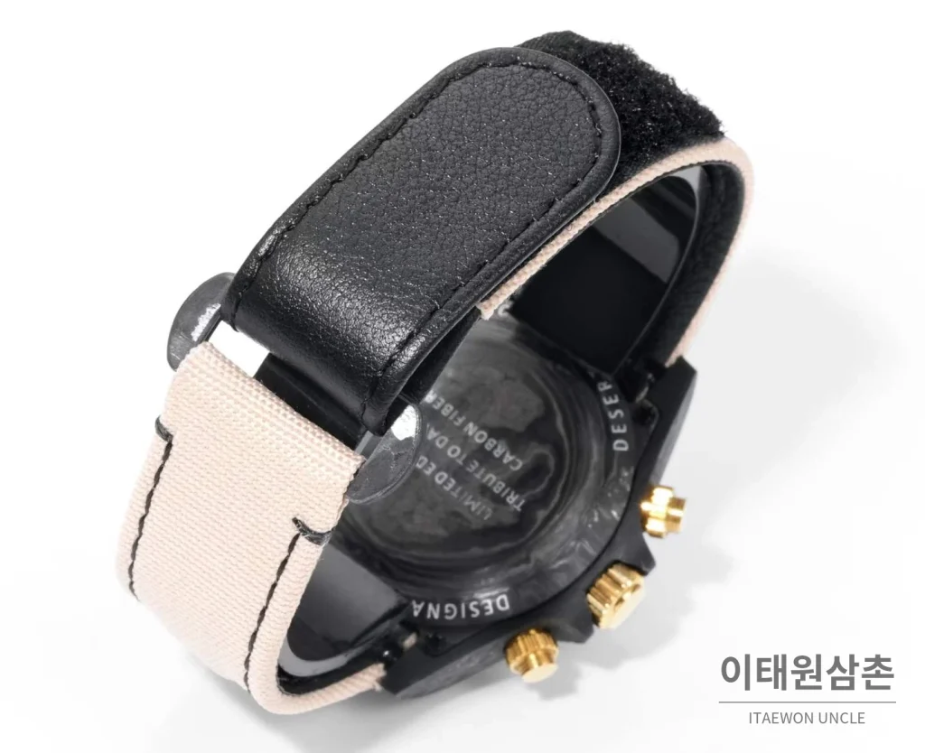 롤렉스 데이토나 크로노그래프 오토매틱 40mm 블랙 다이얼 샴페인 나일론 스트랩 멀티컬러 베젤 카본 케이스