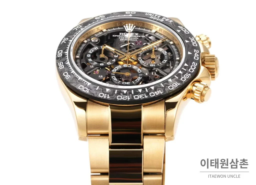 롤렉스 데이토나 크로노그래프 오토매틱 스켈레톤 다이얼 골드 브레이슬릿 블랙 베젤