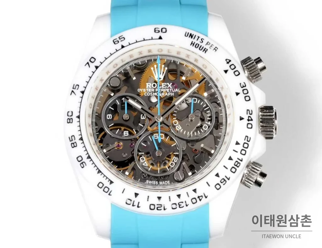 롤렉스 데이토나 러버밴드 블랙다이얼 크로노그래프 오토매틱 40mm 화이트 베젤
