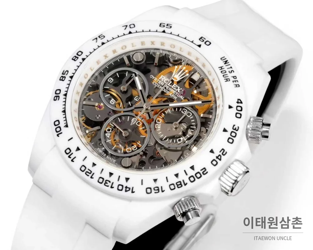 롤렉스 데이토나 러버밴드 블랙다이얼 크로노그래프 오토매틱 40mm 화이트 베젤 (2)