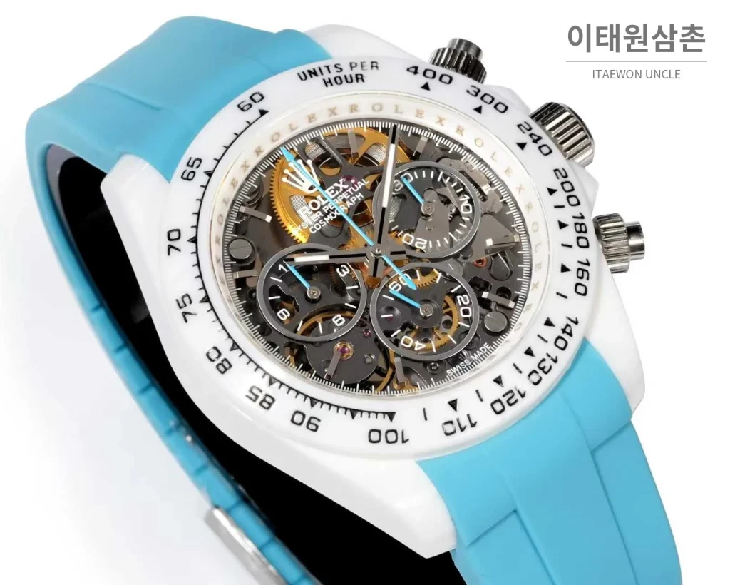 롤렉스 데이토나 러버밴드 블랙다이얼 크로노그래프 오토매틱 40mm 화이트 베젤