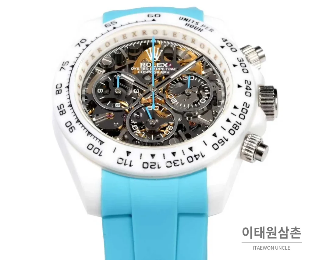 롤렉스 데이토나 러버밴드 블랙다이얼 크로노그래프 오토매틱 40mm 화이트 베젤