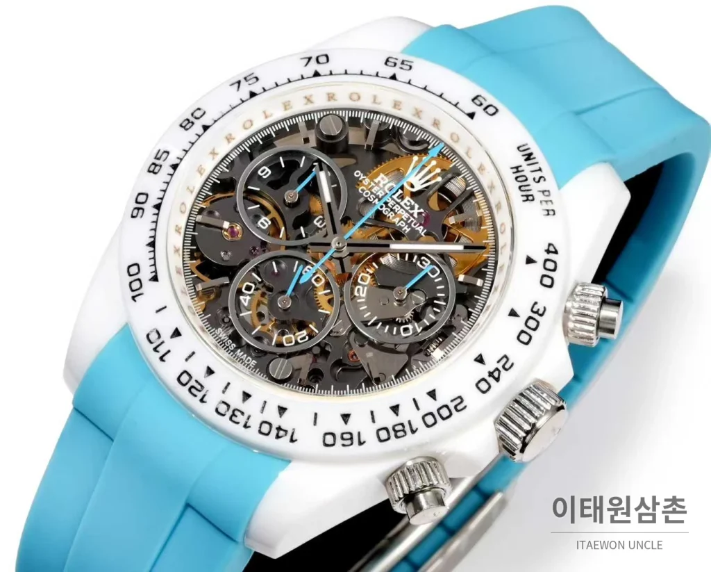 롤렉스 데이토나 러버밴드 블랙다이얼 크로노그래프 오토매틱 40mm 화이트 베젤