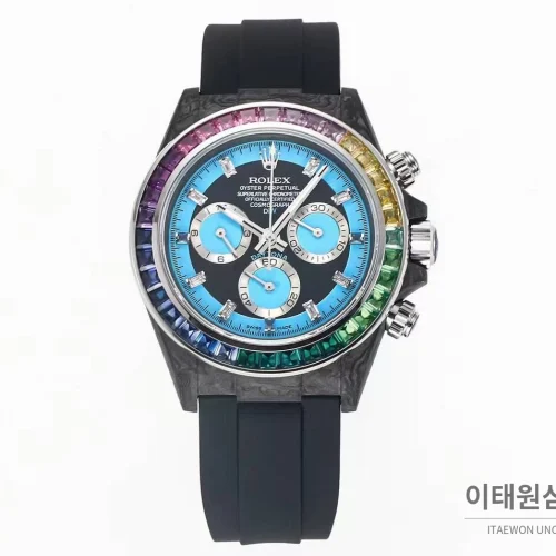 롤렉스 DIW 카본 레인보우베젤 데이토나 크로노그래프 아이스블루 다이얼 블랙 러버 스트랩