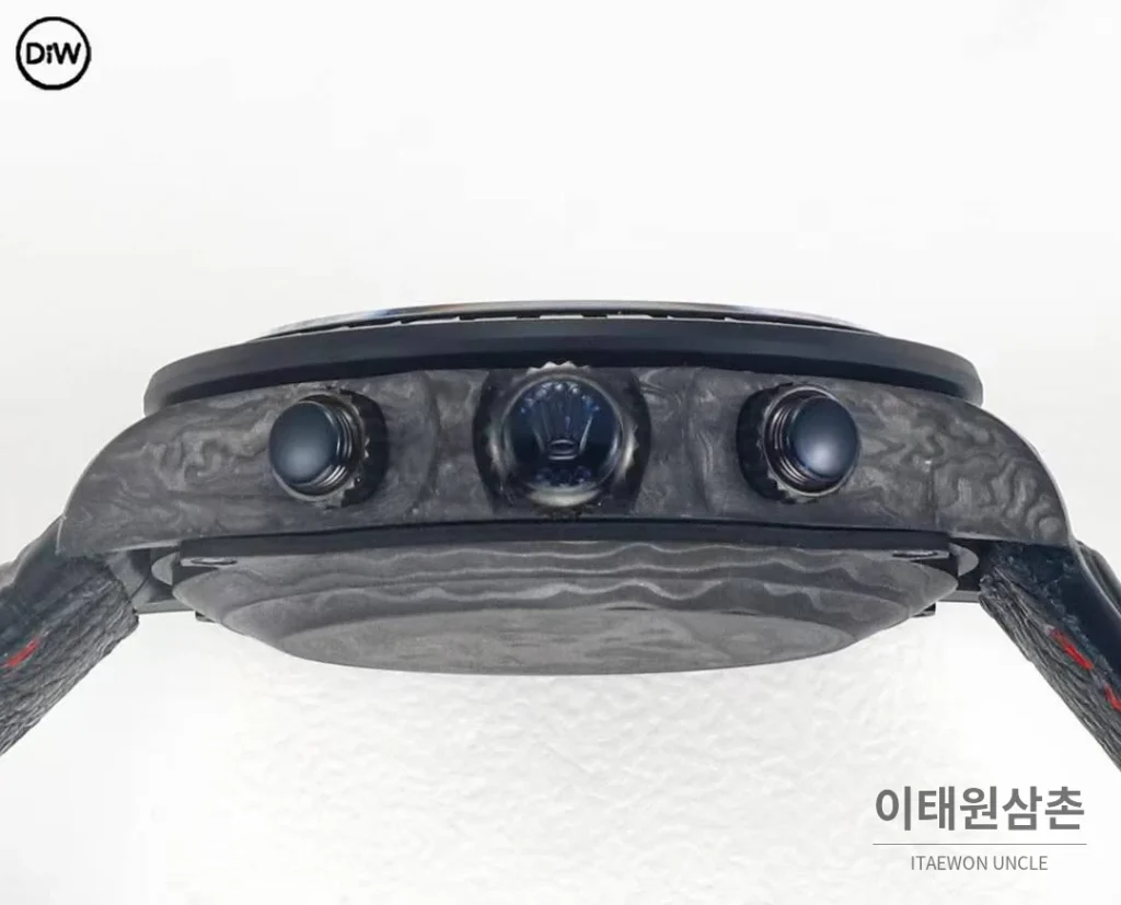 롤렉스 DIW 카본 레인보우베젤 데이토나 크로노그래프 블랙 다이얼 블랙 가죽 스트랩