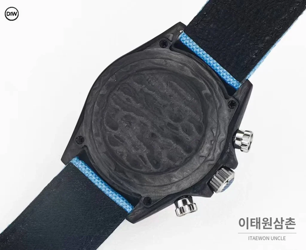 롤렉스 DIW 카본 레인보우베젤 데이토나 크로노그래프 블랙 다이얼 아이스블루 나일론 스트랩