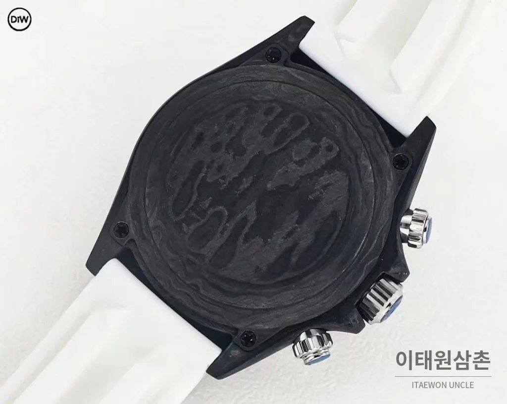 롤렉스 DIW 카본 레인보우베젤 데이토나 크로노그래프 아이스블루 다이얼 화이트 러버 스트랩