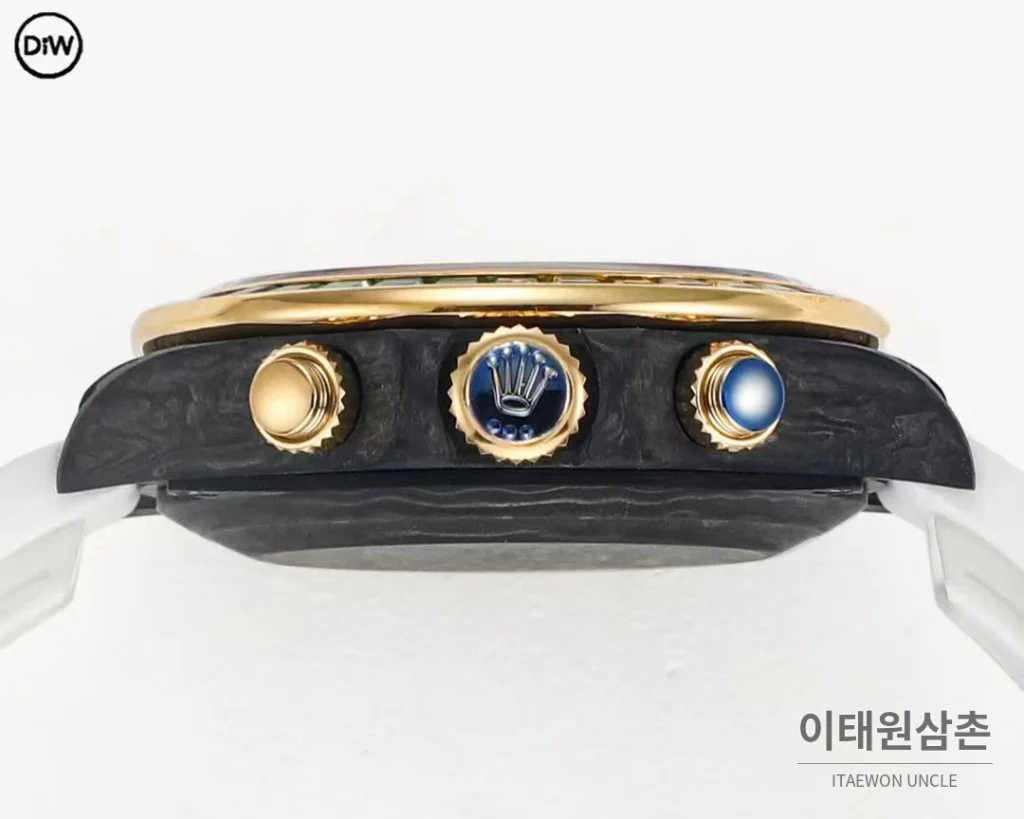 롤렉스 DIW 카본 레인보우베젤 데이토나 크로노그래프 핑크 다이얼 화이트 러버 스트랩