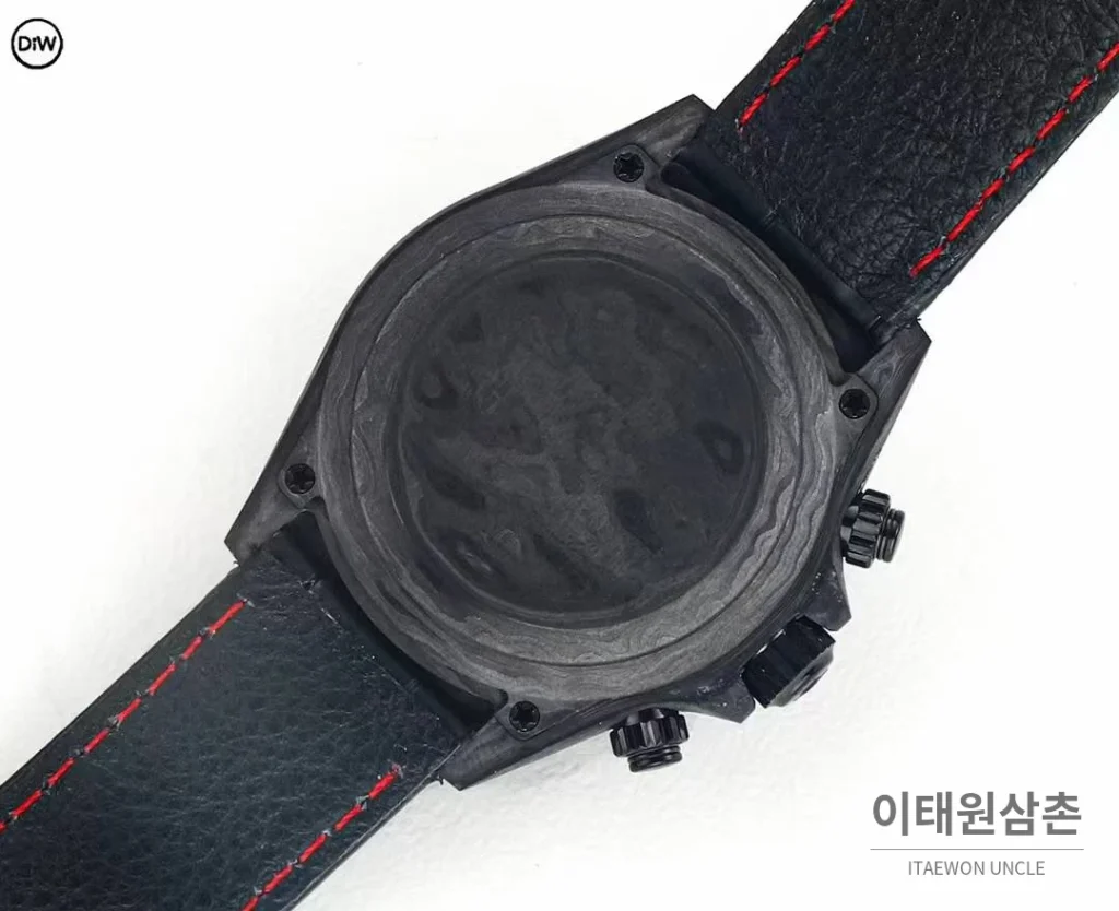 롤렉스 DIW 카본 레인보우베젤 데이토나 크로노그래프 블랙 다이얼 블랙 가죽 스트랩