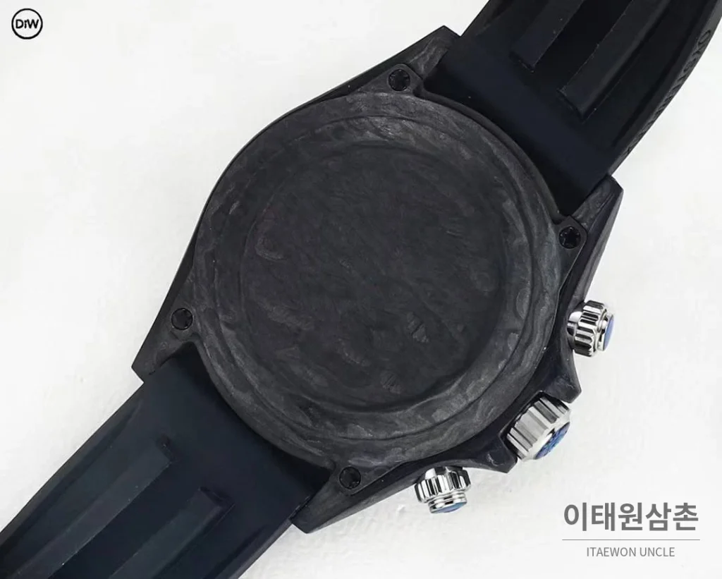 롤렉스 DIW 카본 레인보우베젤 데이토나 크로노그래프 아이스블루 다이얼 블랙 러버 스트랩