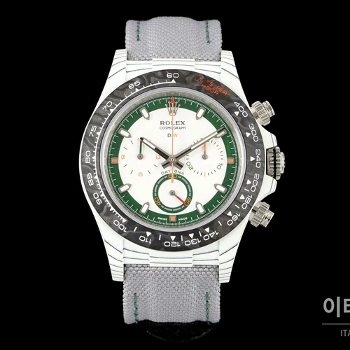롤렉스 DIW 데이토나 카본 화이트다이얼 그린포인트 그레이 스트랩 크로노그래프 40mm