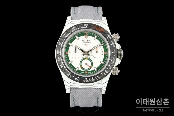 롤렉스 DIW 데이토나 카본 화이트다이얼 그린포인트 그레이 스트랩 크로노그래프 40mm