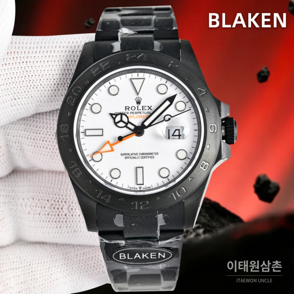 롤렉스 익스플로러2 블라켄 DLC 블랙 GMT 오토매틱 42mm 화이트 다이얼