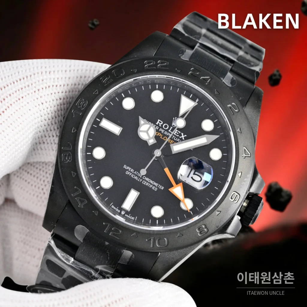롤렉스 익스플로러2 블라켄 DLC 블랙 GMT 오토매틱 42mm 블랙 다이얼