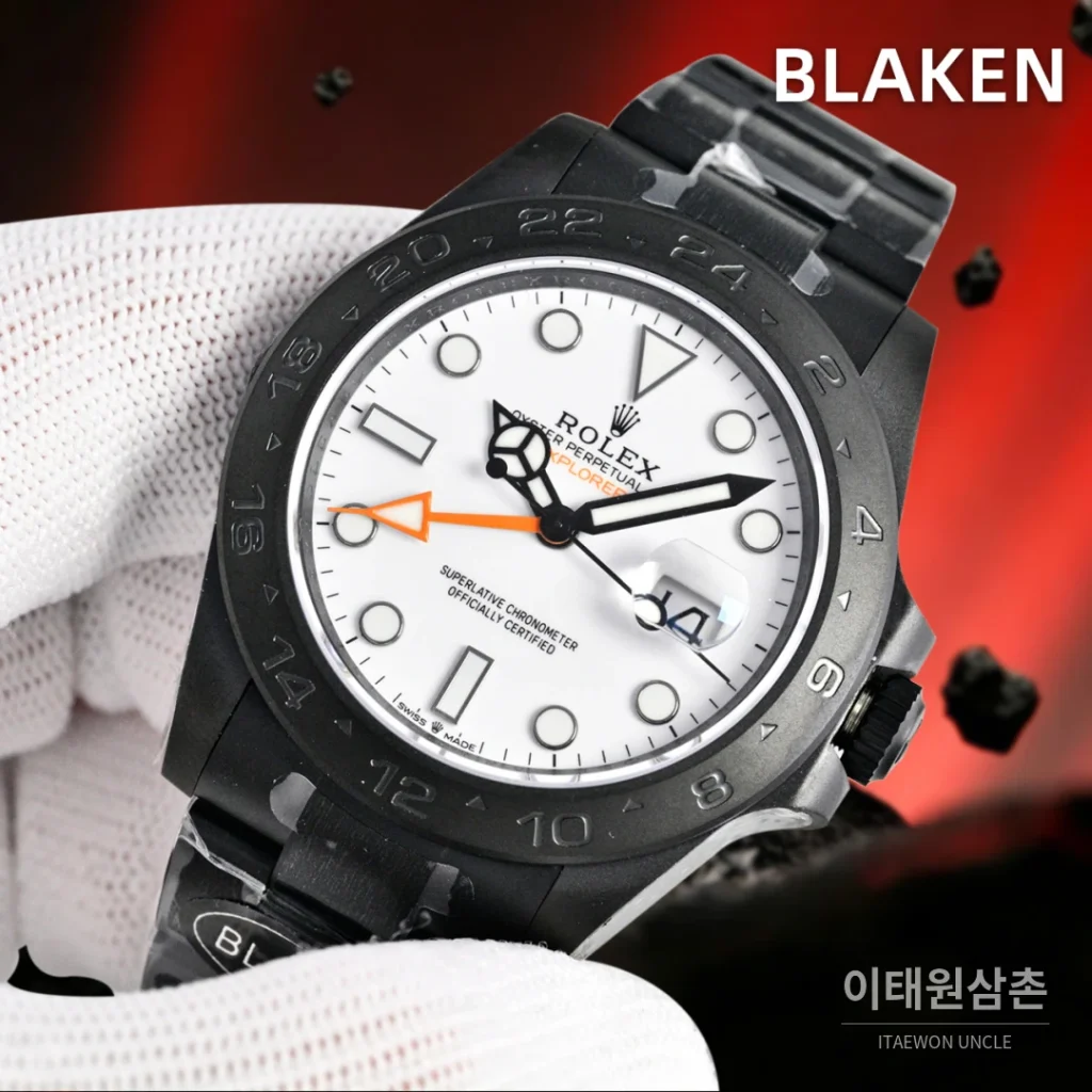 롤렉스 익스플로러2 블라켄 DLC 블랙 GMT 오토매틱 42mm 화이트 다이얼